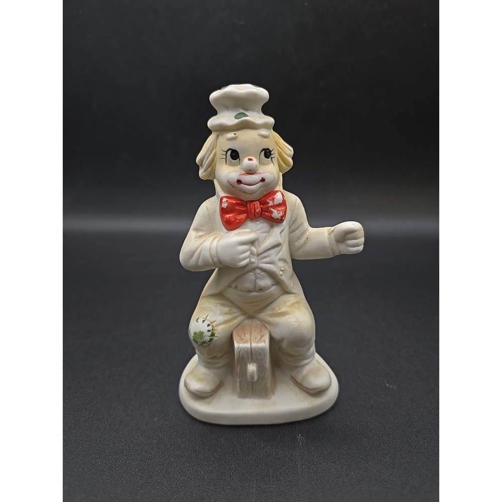 Vintage Bisque Porcelain Hobo Clown with Suitcase 4.75" tall